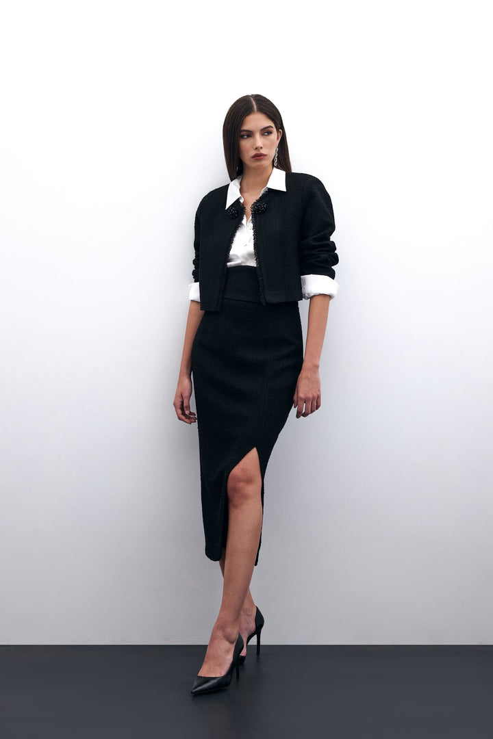 Sateen Jupe crayon en tweed - Noir