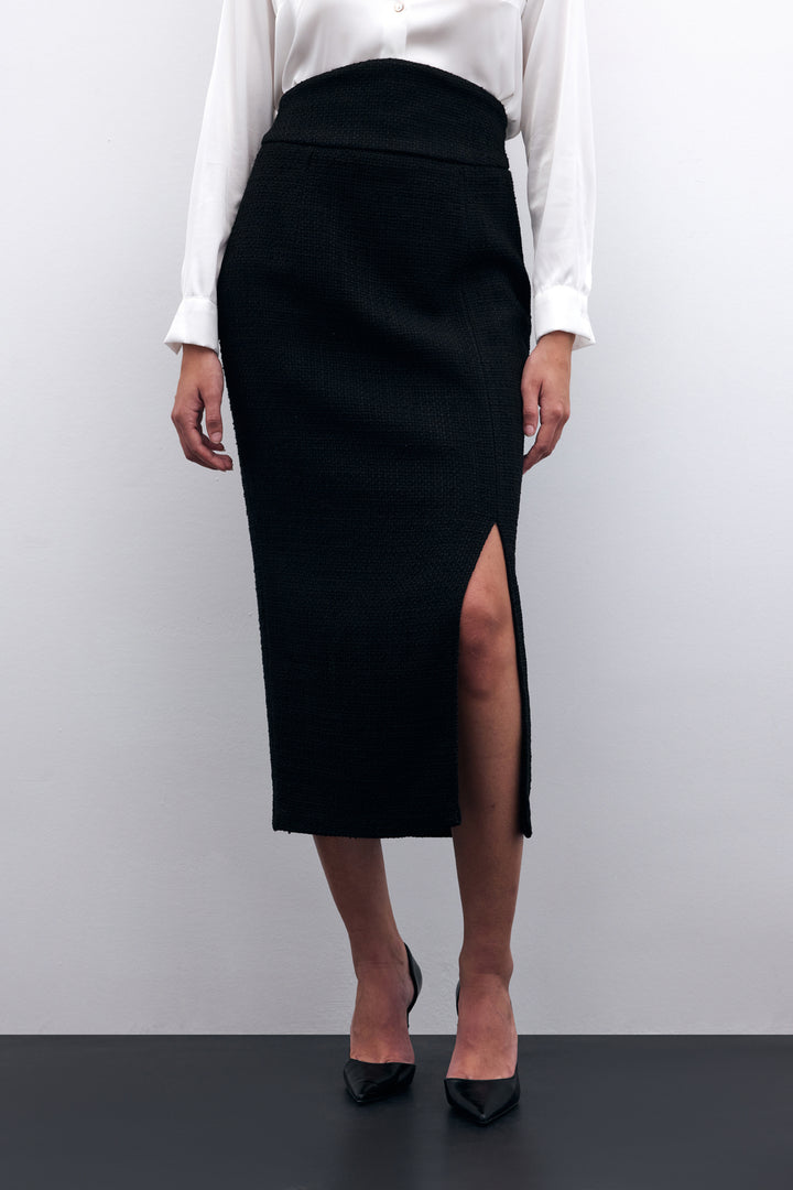 Sateen Jupe crayon en tweed - Noir