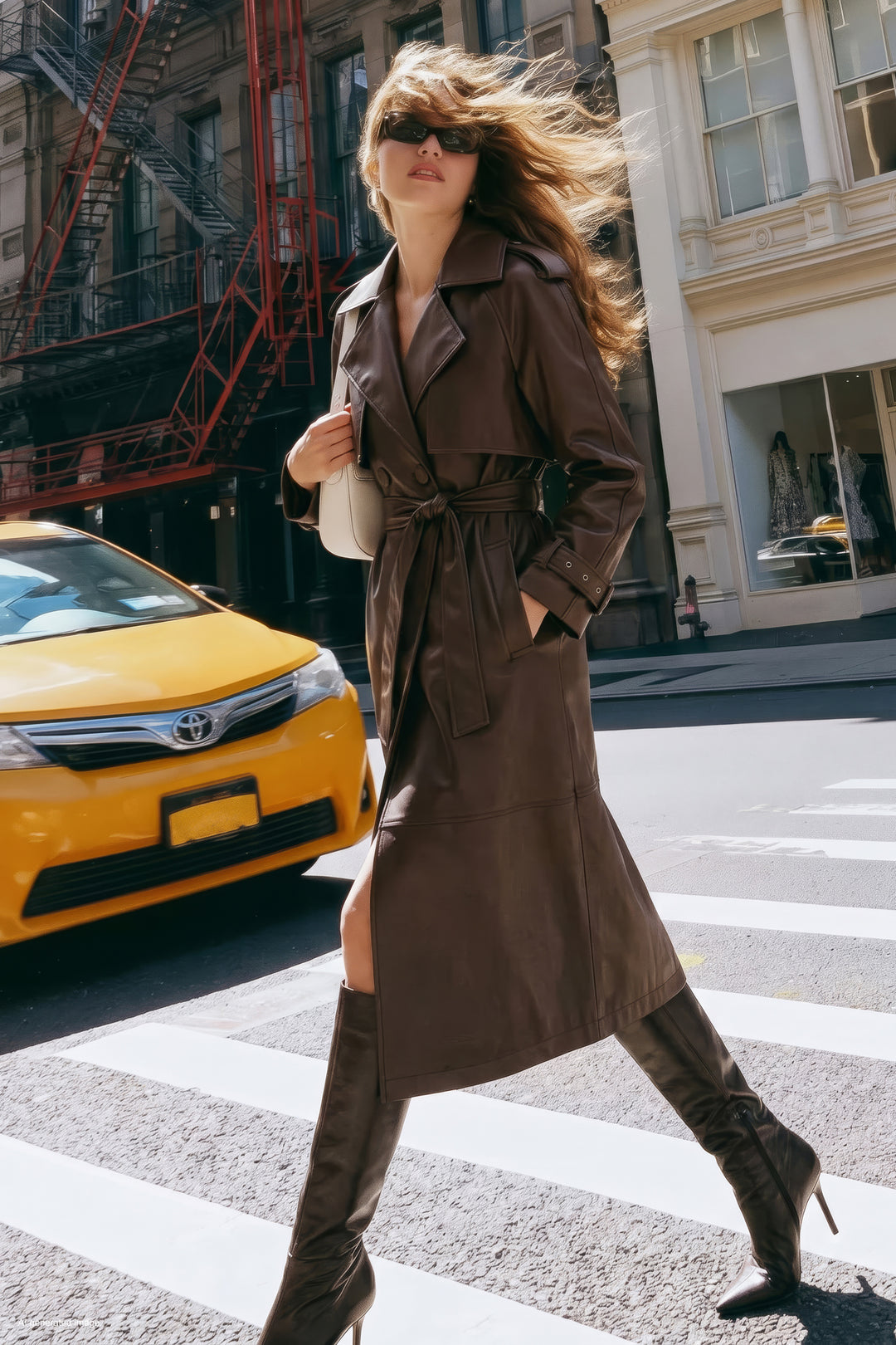 Sateen Trench en Cuir Long - Marron