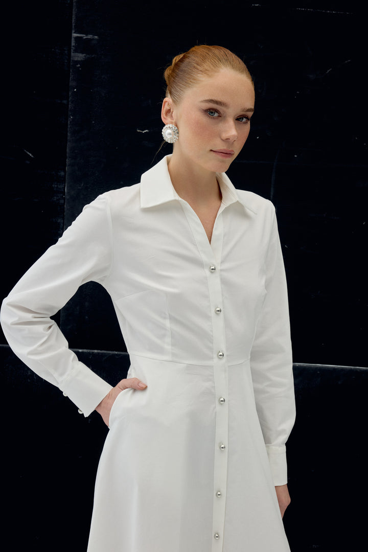 Sateen Robe Longue à Détails Boutonnés - Écru