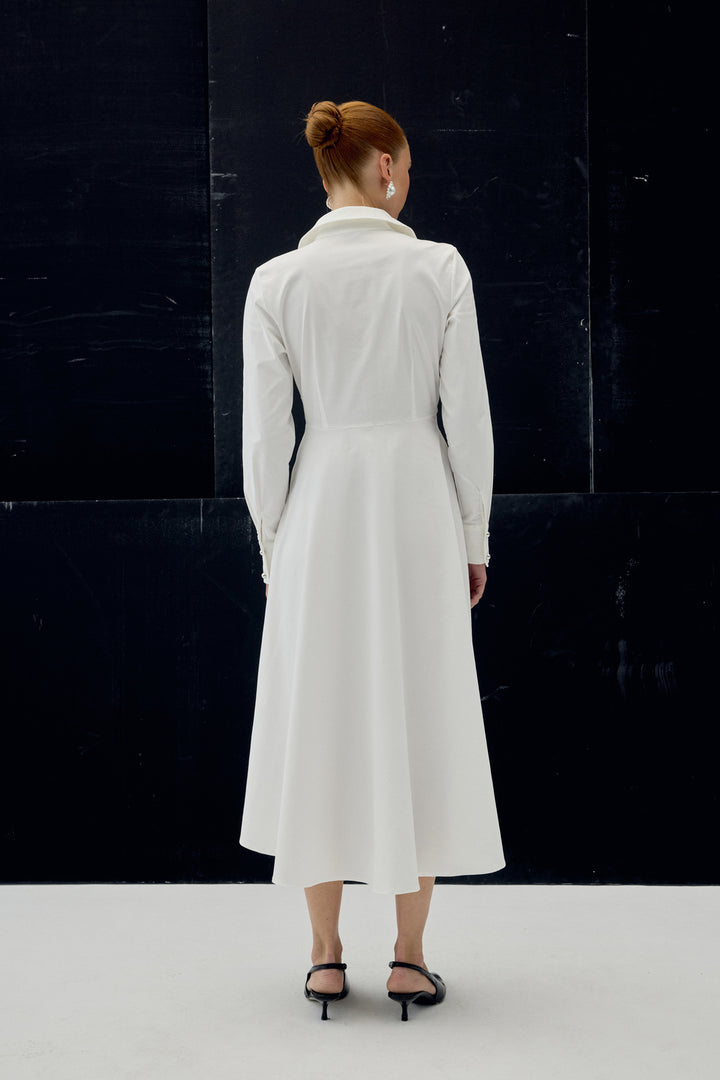 Sateen Robe Longue à Détails Boutonnés - Écru