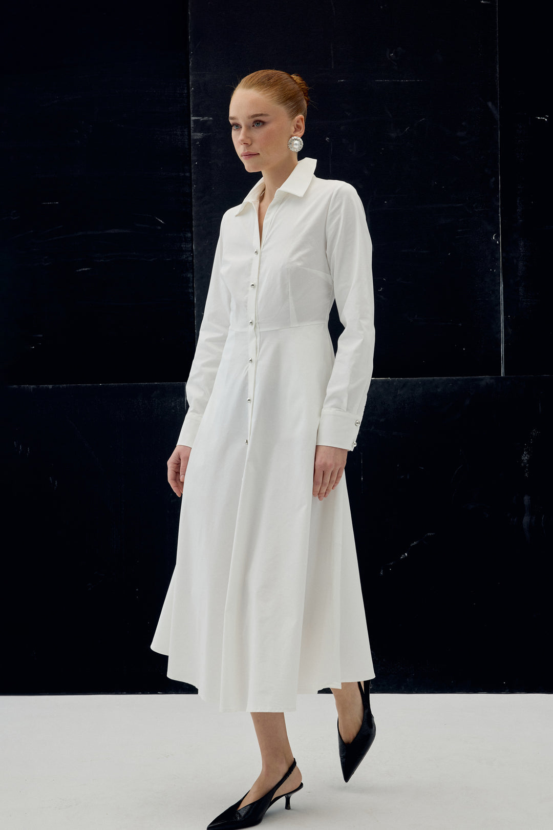 Sateen Robe Longue à Détails Boutonnés - Écru