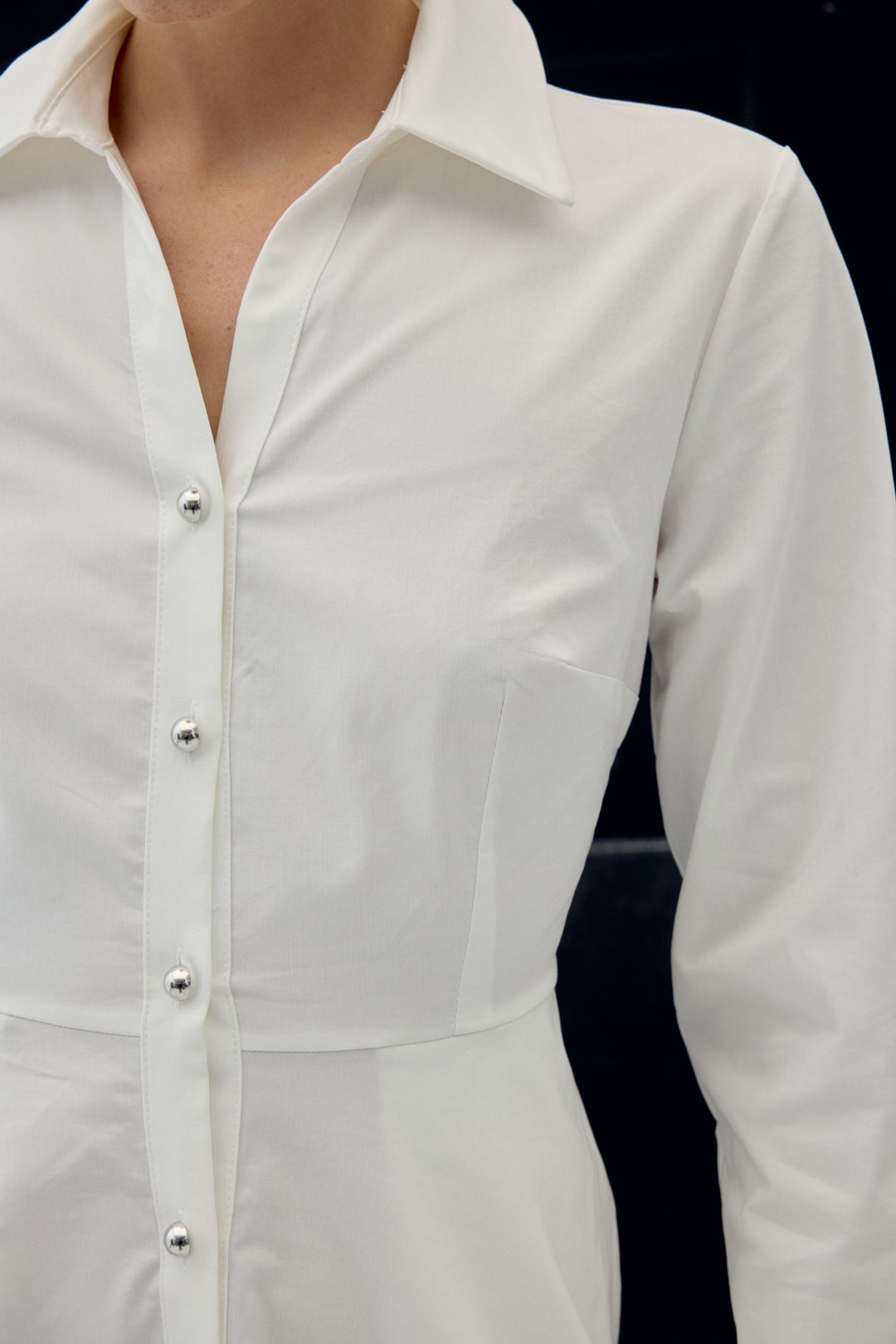 Sateen Robe Longue à Détails Boutonnés - Écru