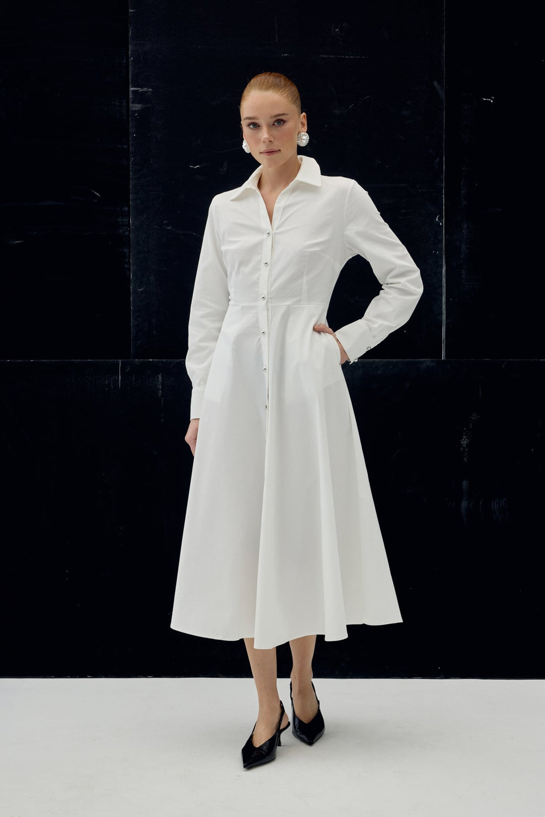 Sateen Robe Longue à Détails Boutonnés - Écru