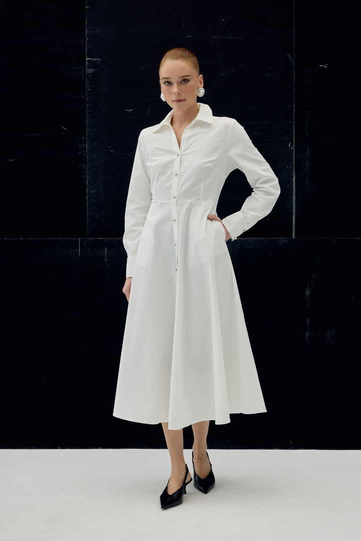 Sateen Robe Longue à Détails Boutonnés - Écru