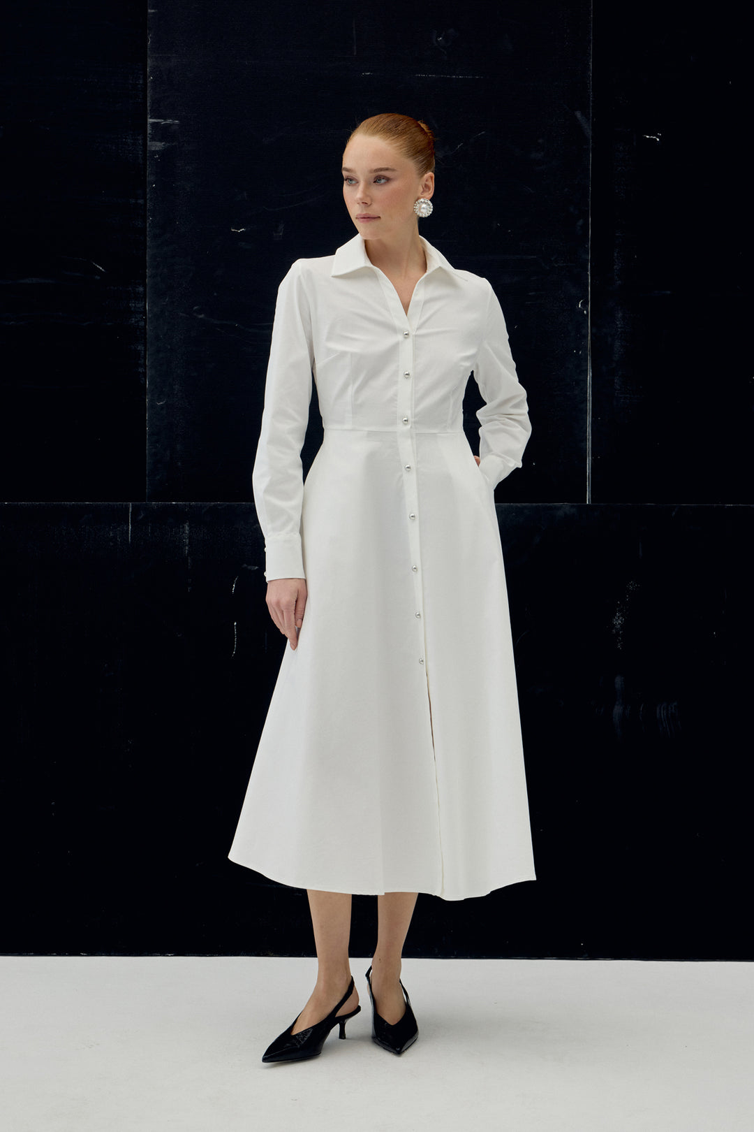 Sateen Robe Longue à Détails Boutonnés - Écru