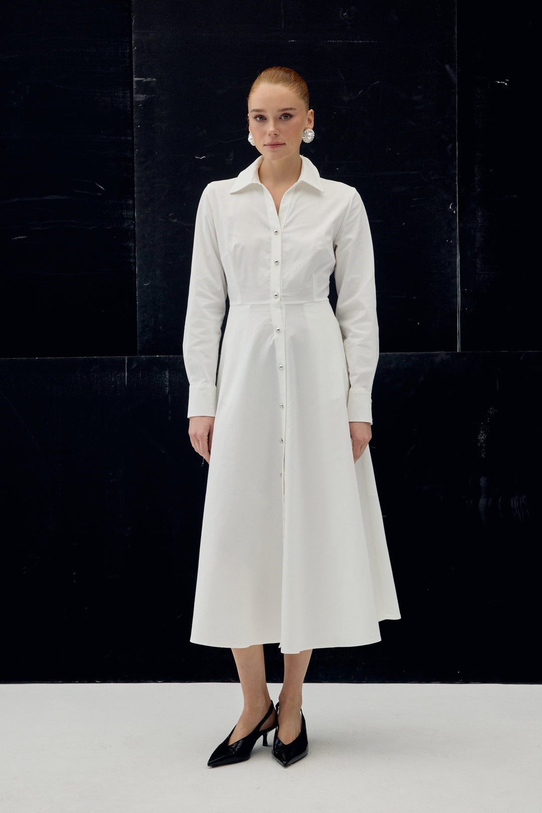 Sateen Robe Longue à Détails Boutonnés - Écru