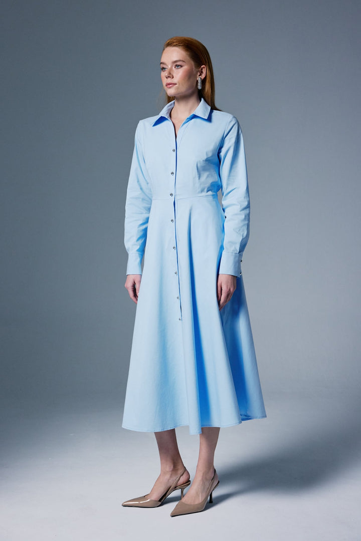 Sateen Robe Longue à Détails Boutonnés - Bleu