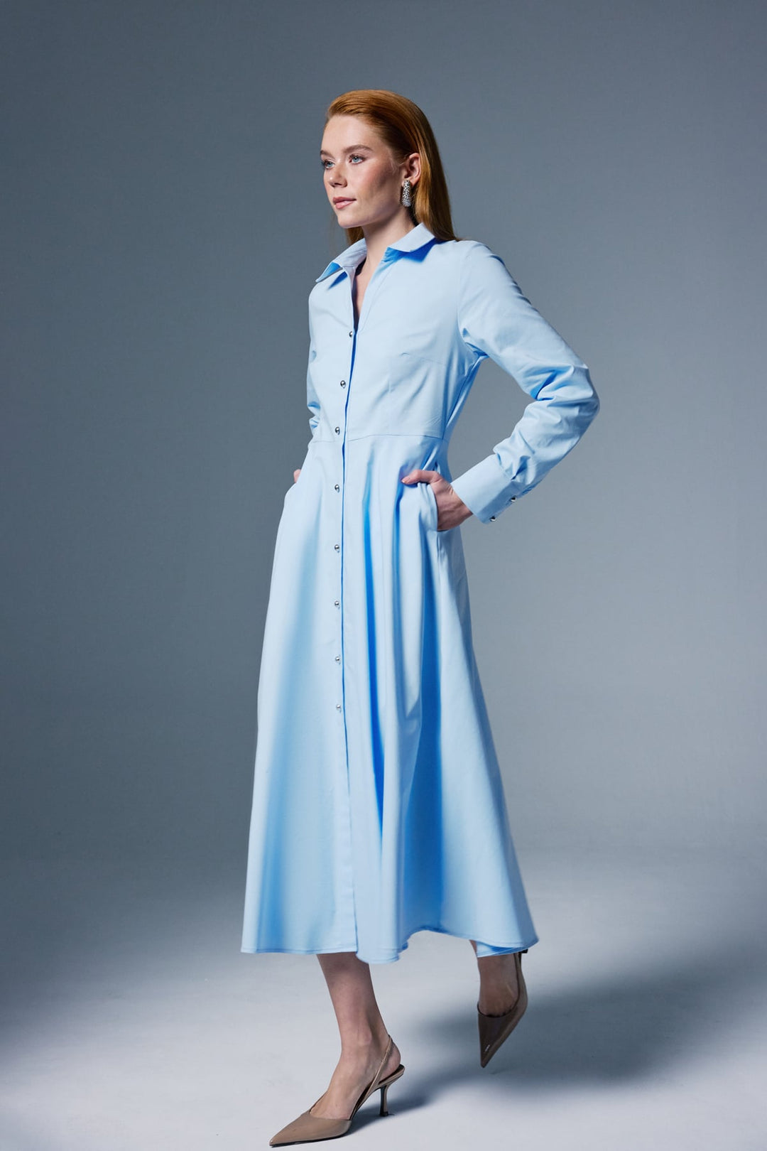 Sateen Robe Longue à Détails Boutonnés - Bleu