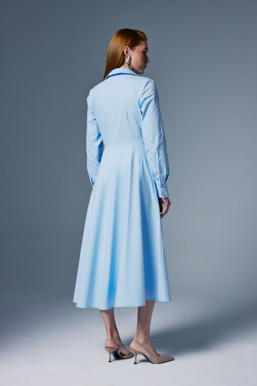 Sateen Robe Longue à Détails Boutonnés - Bleu