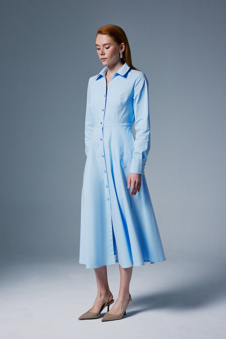 Sateen Robe Longue à Détails Boutonnés - Bleu