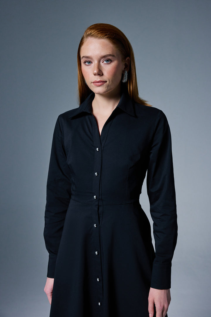 Sateen Robe Longue à Détails Boutonnés - Noir