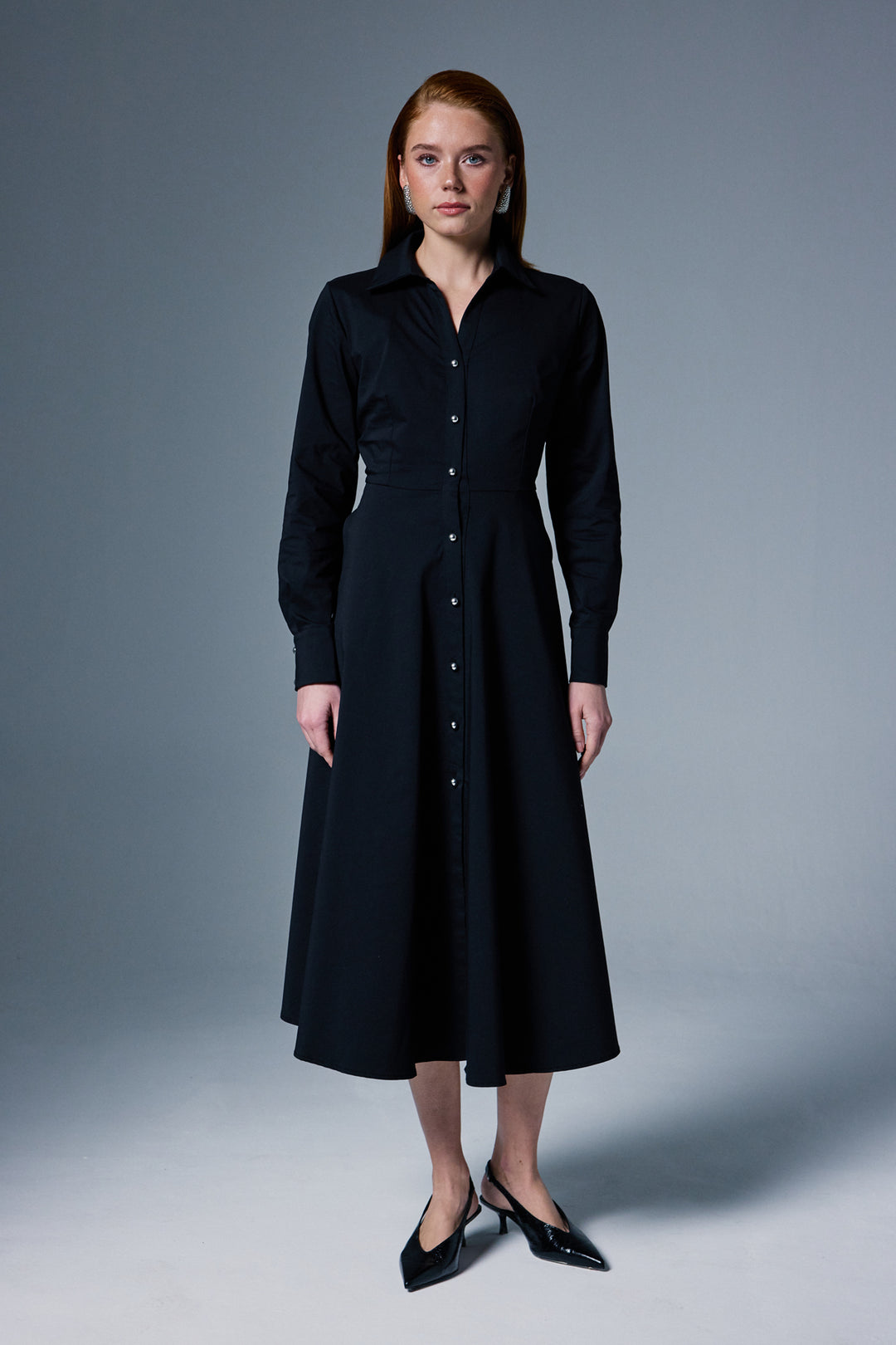 Sateen Robe Longue à Détails Boutonnés - Noir