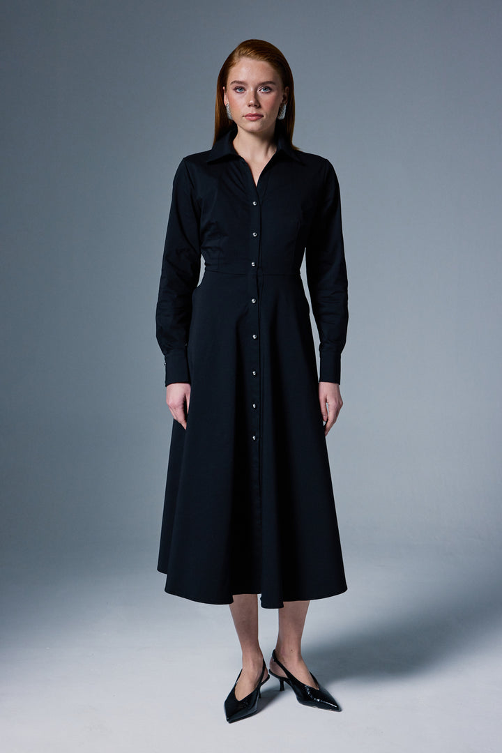 Sateen Robe Longue à Détails Boutonnés - Noir