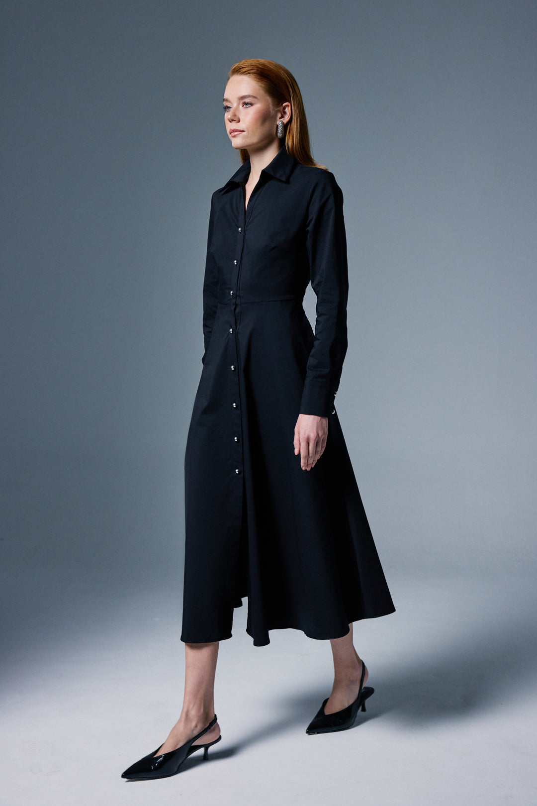 Sateen Robe Longue à Détails Boutonnés - Noir