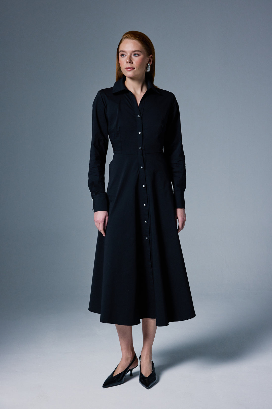 Sateen Robe Longue à Détails Boutonnés - Noir