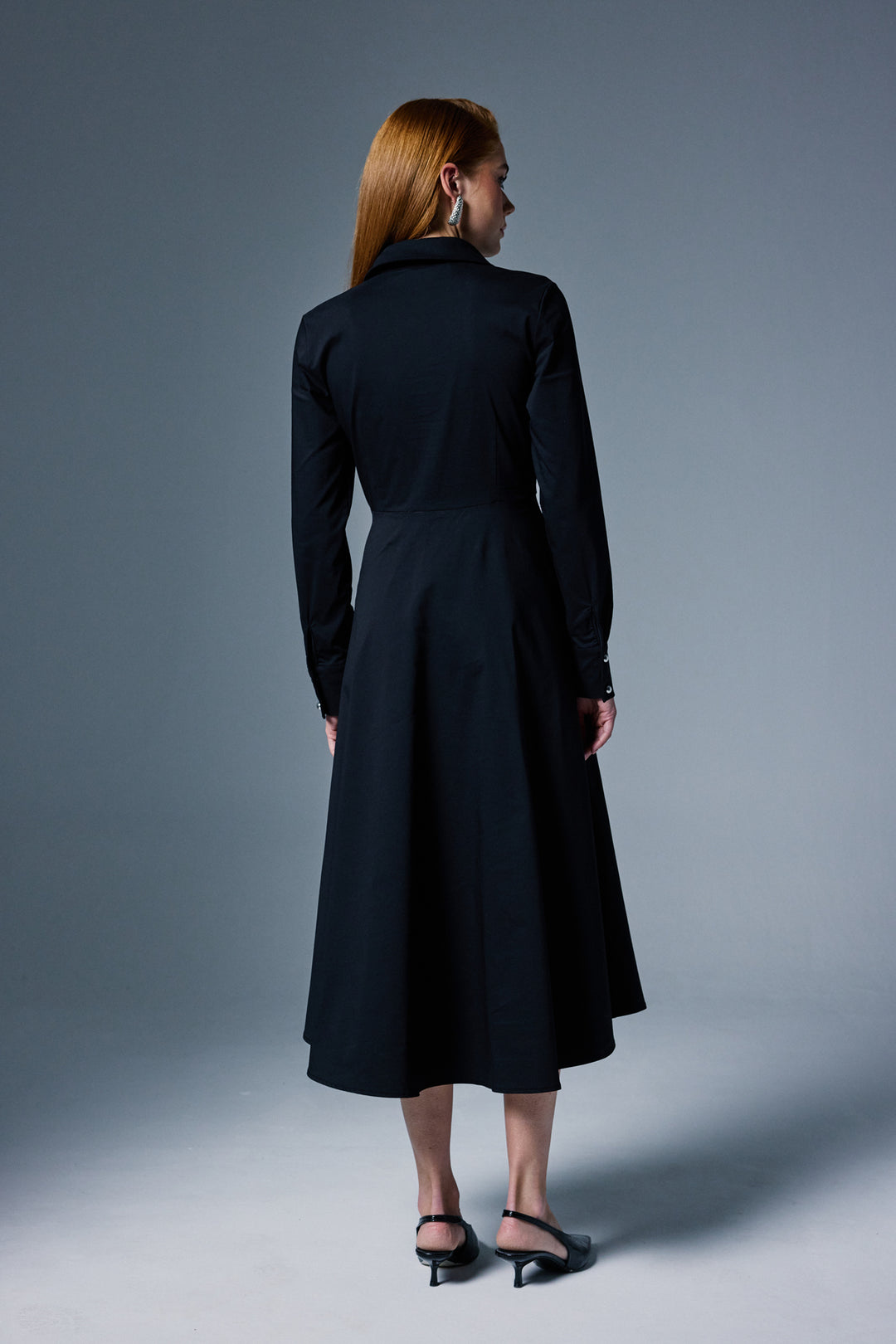 Sateen Robe Longue à Détails Boutonnés - Noir