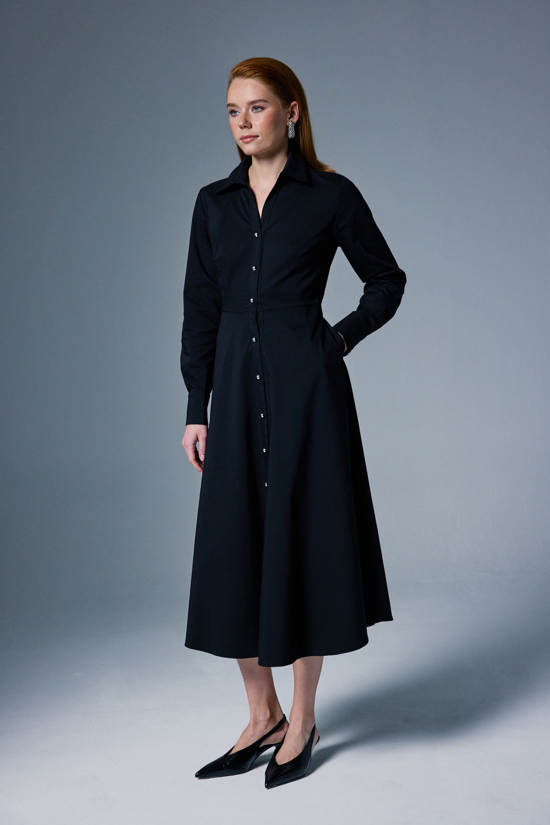 Sateen Robe Longue à Détails Boutonnés - Noir