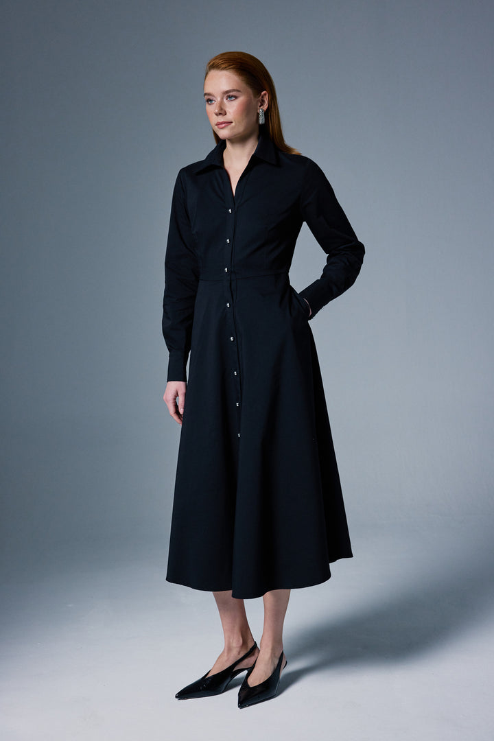 Sateen Robe Longue à Détails Boutonnés - Noir