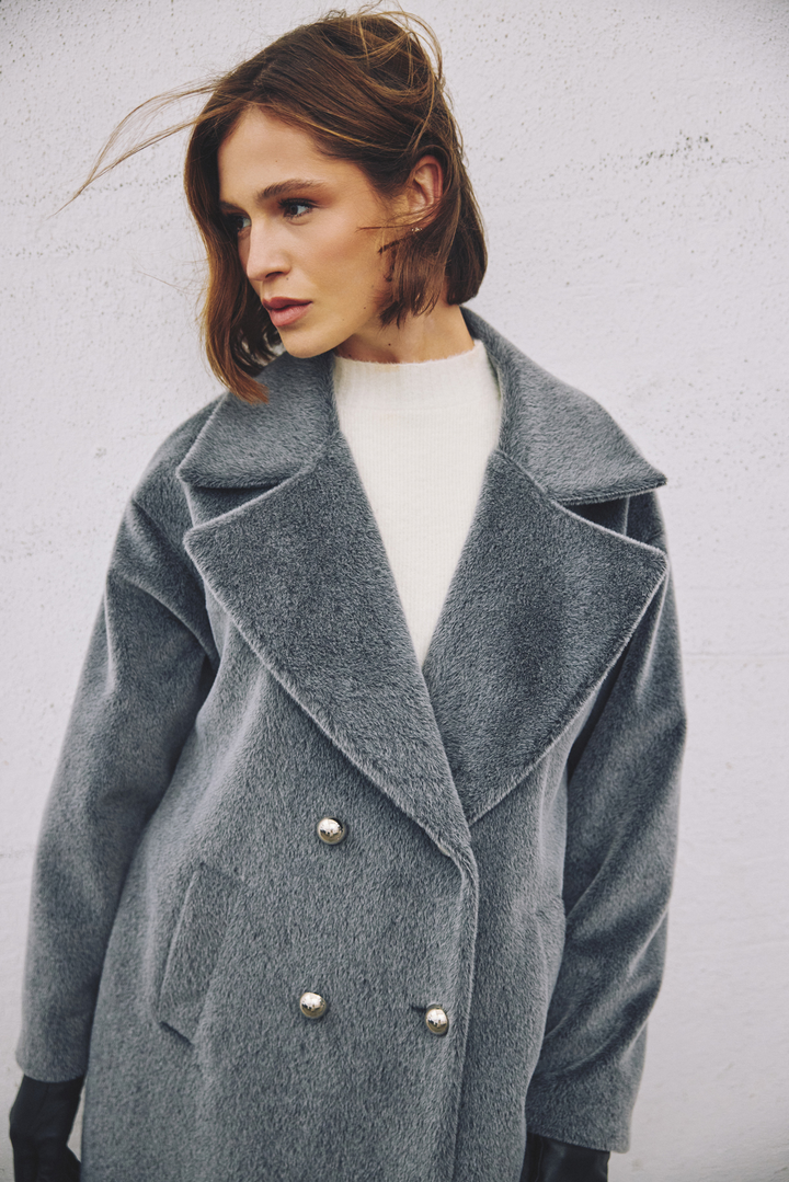 Sateen Manteau Long à Détails de Boutons - Anthracite