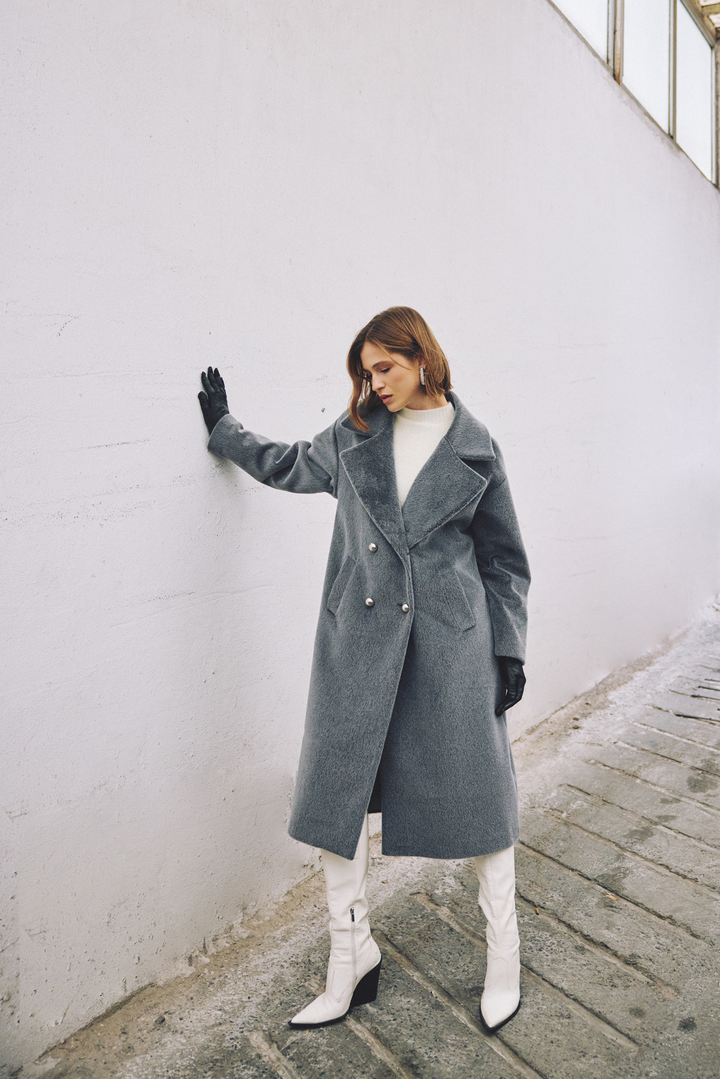 Sateen Manteau Long à Détails de Boutons - Anthracite