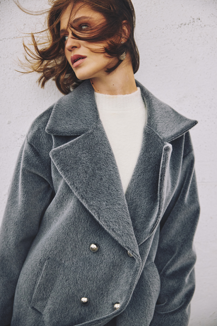 Sateen Manteau Long à Détails de Boutons - Anthracite