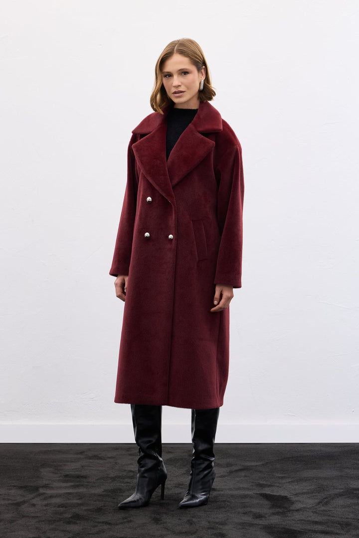 Sateen Manteau Long à Détails de Boutons - Bordeaux
