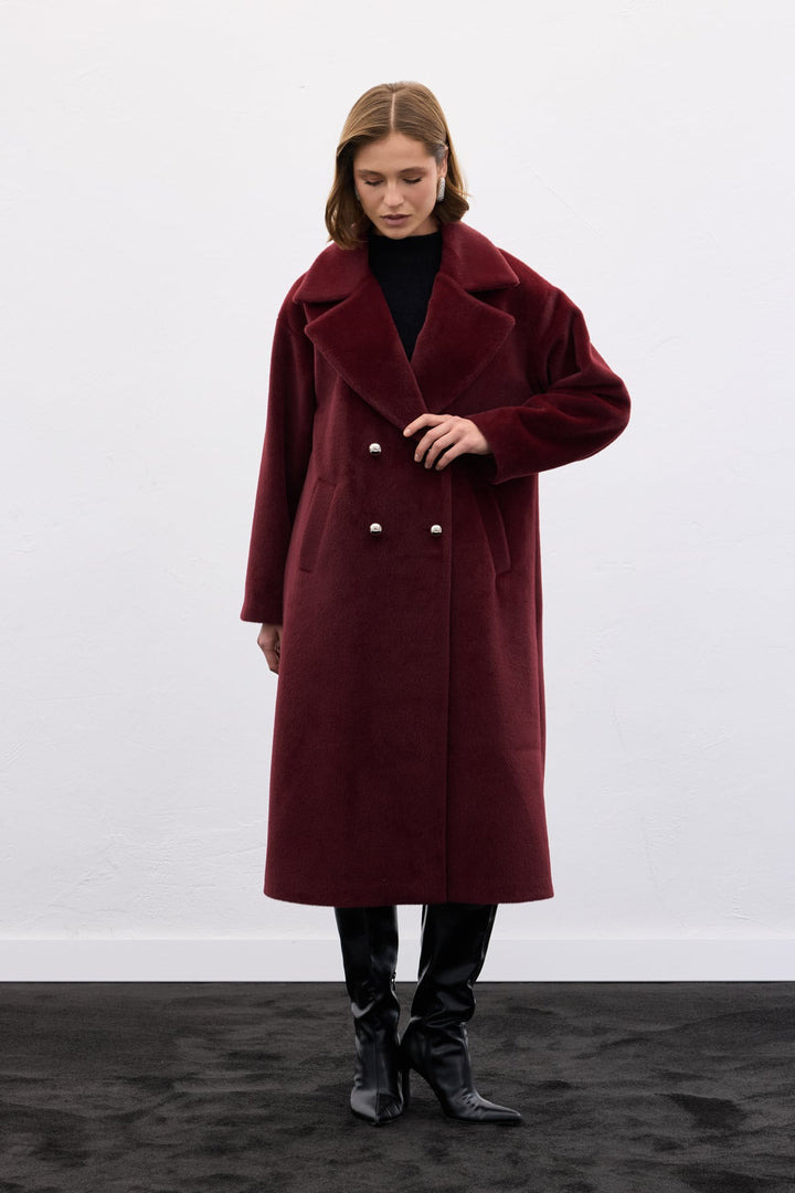 Sateen Manteau Long à Détails de Boutons - Bordeaux