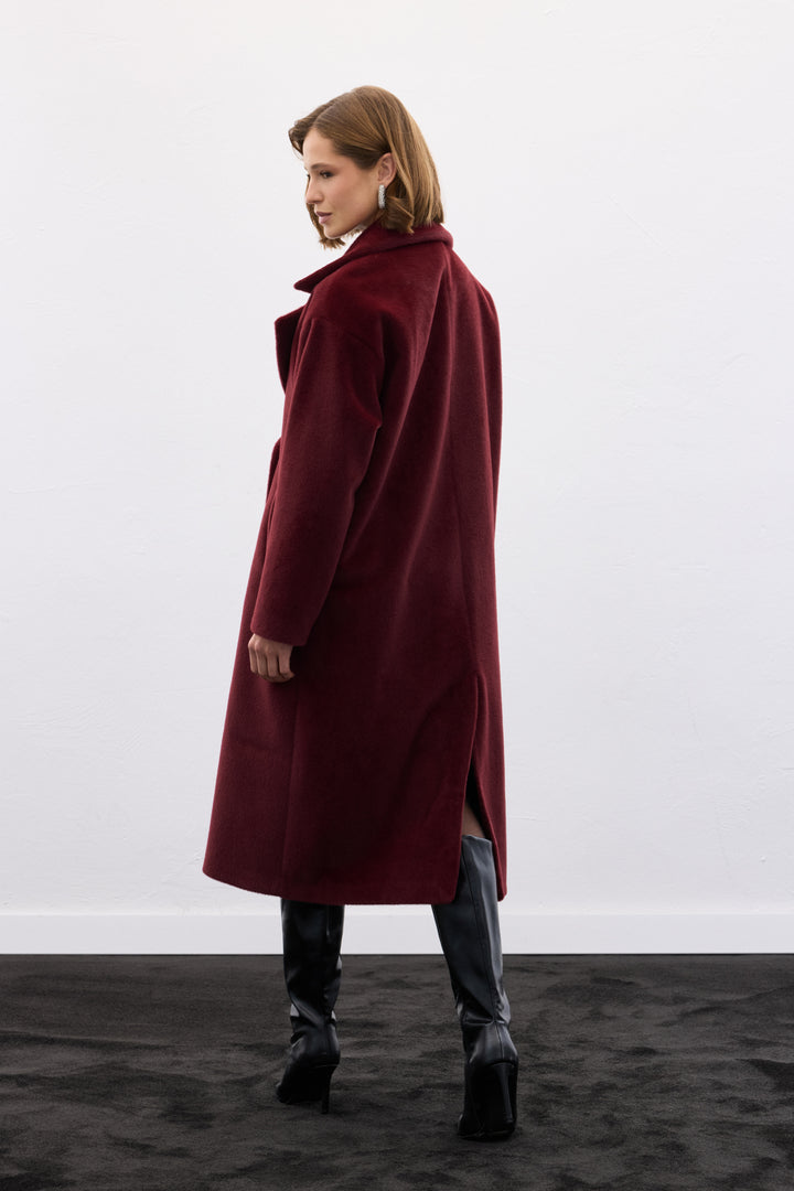Sateen Manteau Long à Détails de Boutons - Bordeaux