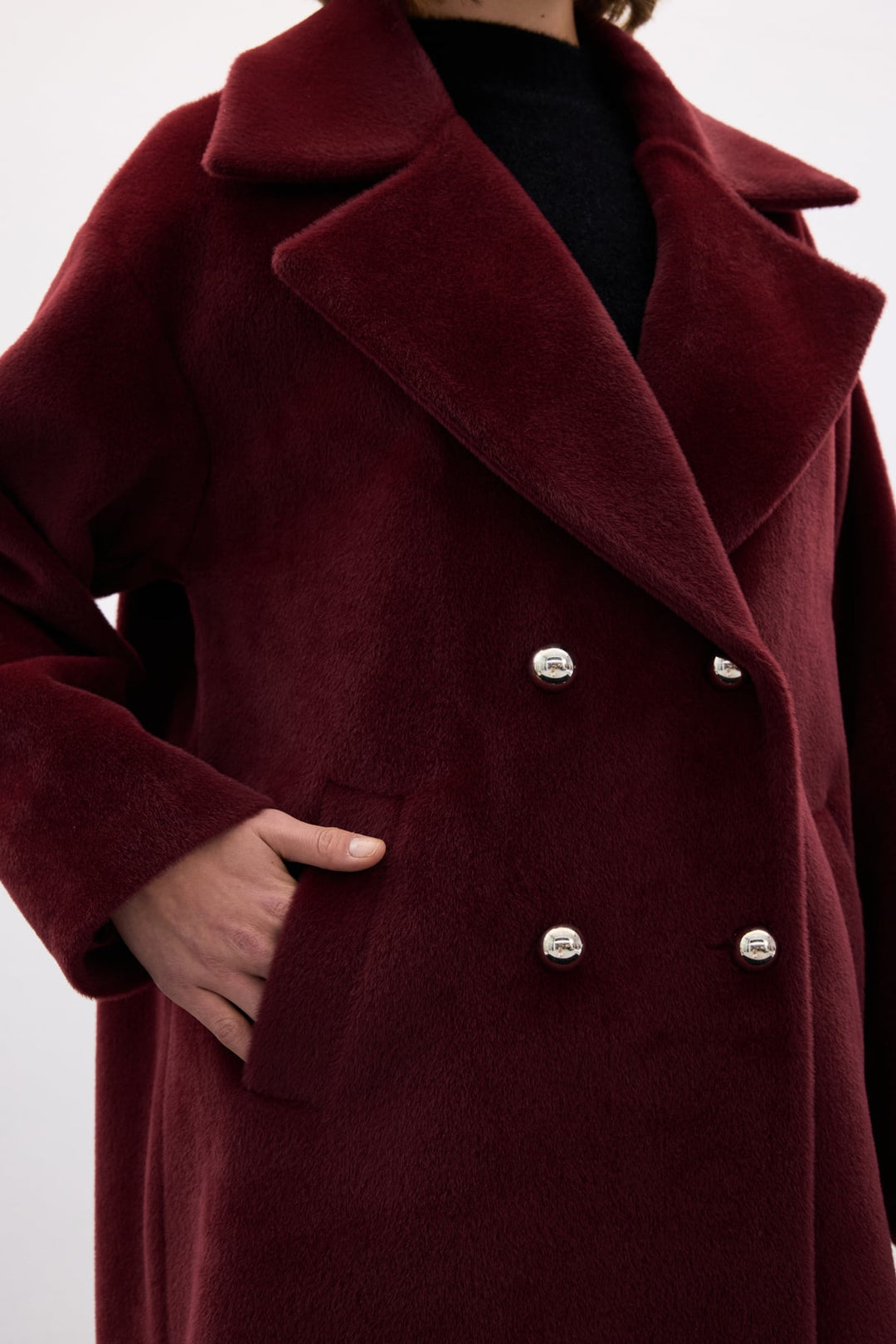 Sateen Manteau Long à Détails de Boutons - Bordeaux