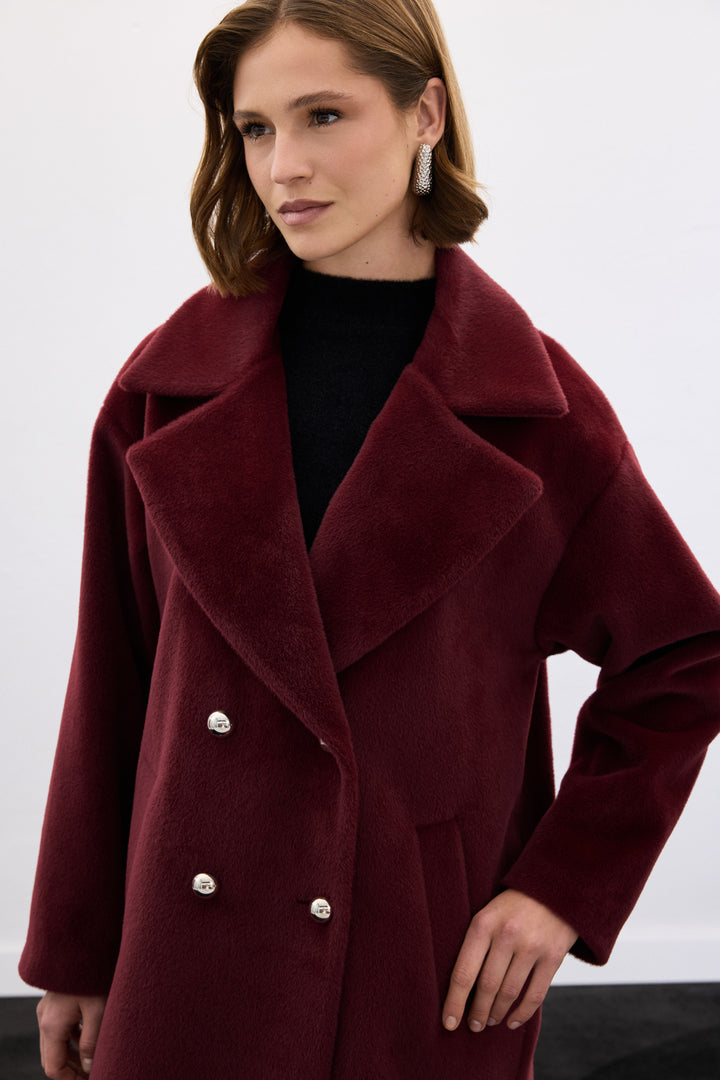 Sateen Manteau Long à Détails de Boutons - Bordeaux