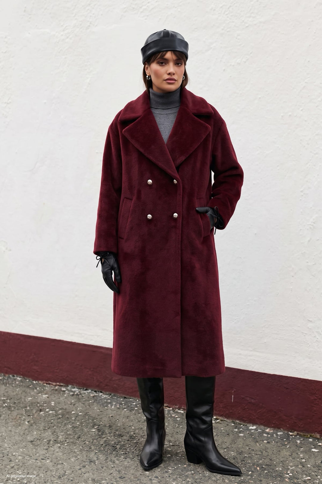 Sateen Manteau Long à Détails de Boutons - Bordeaux