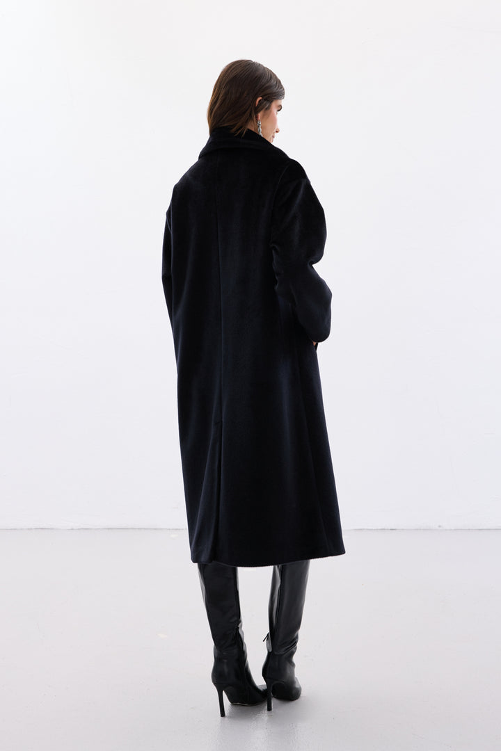 Sateen Manteau Long à Détails de Boutons - Noir