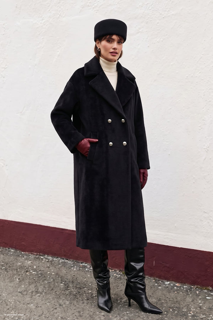 Sateen Manteau Long à Détails de Boutons - Noir