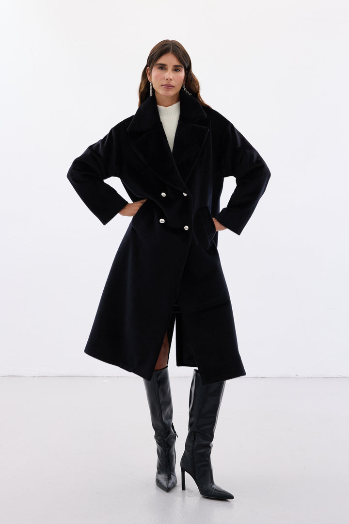 Sateen Manteau Long à Détails de Boutons - Noir