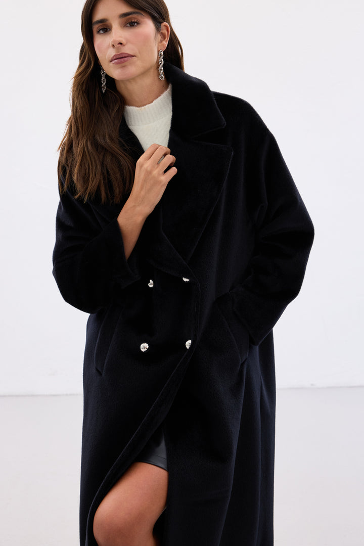 Sateen Manteau Long à Détails de Boutons - Noir