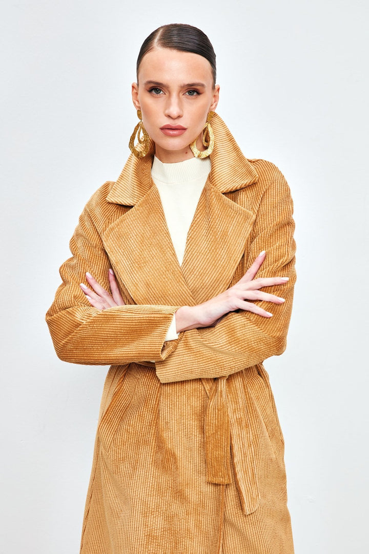 Sateen Manteau trench en velours long - camel