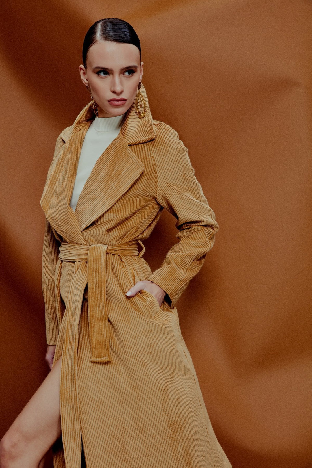 Sateen Manteau trench en velours long - camel