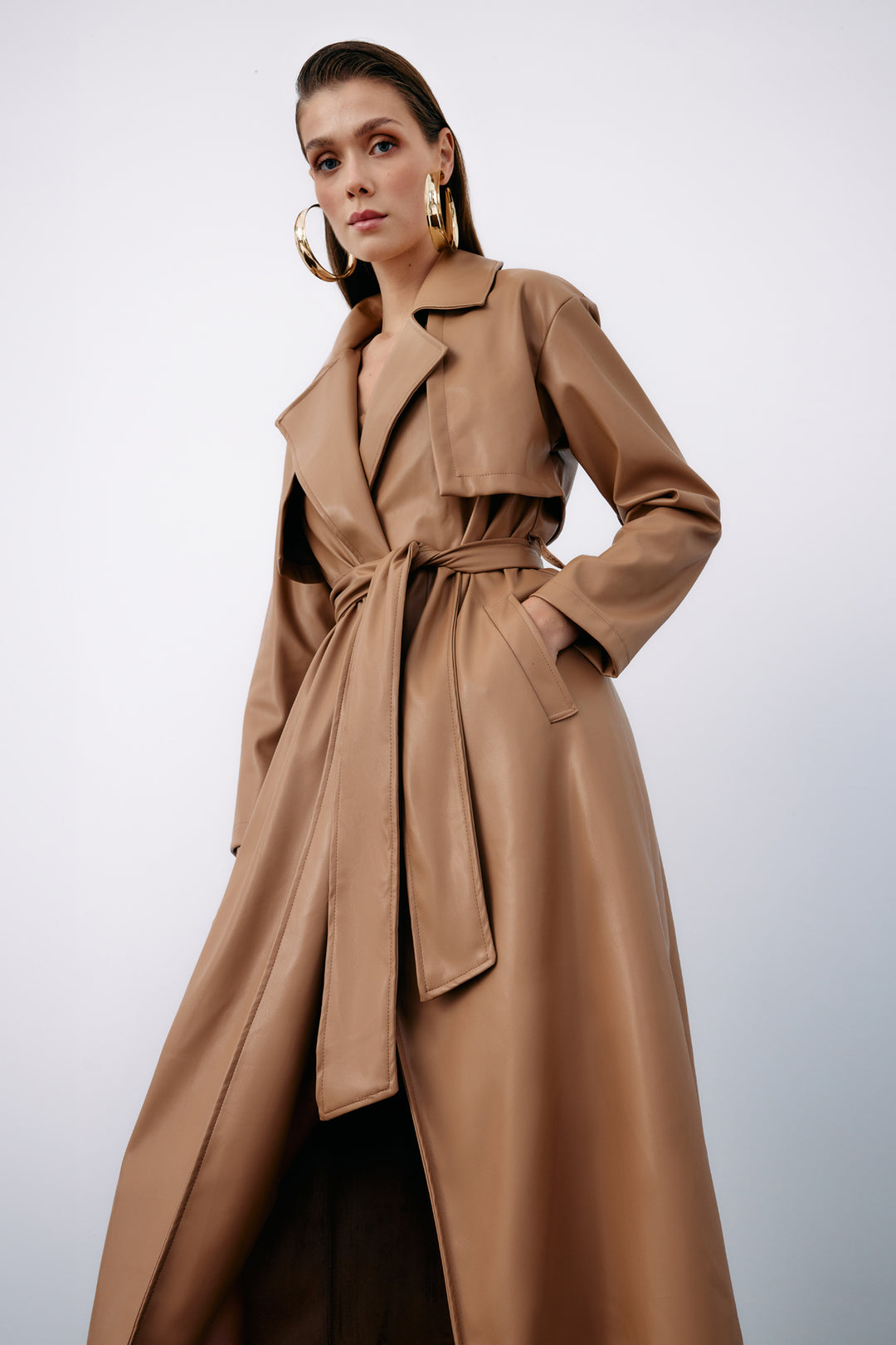 Sateen Trench en cuir long ceinturé - Beige