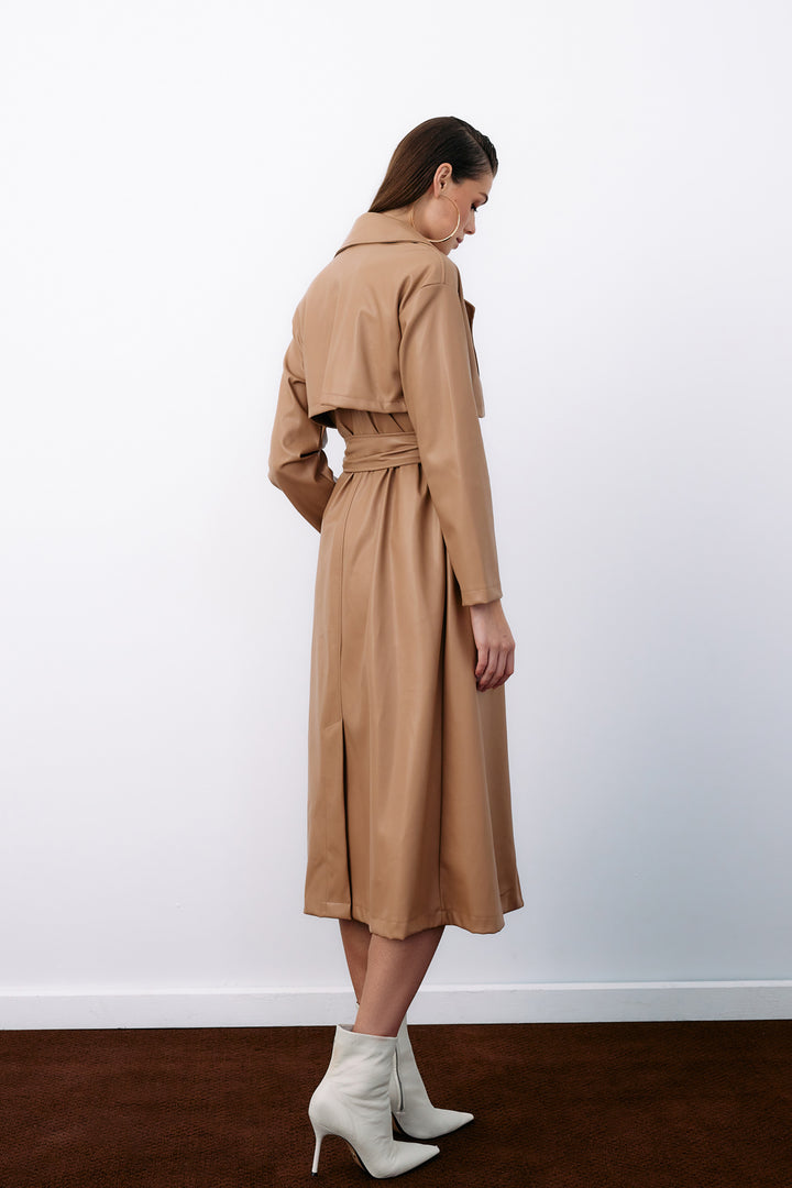 Sateen Trench en cuir long ceinturé - Beige
