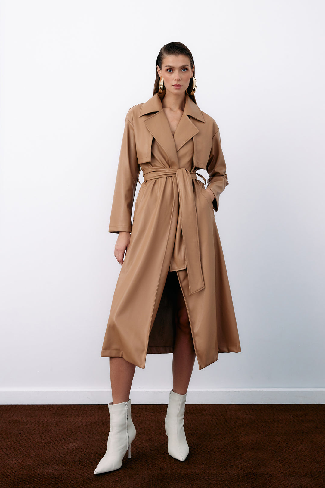 Sateen Trench en cuir long ceinturé - Beige