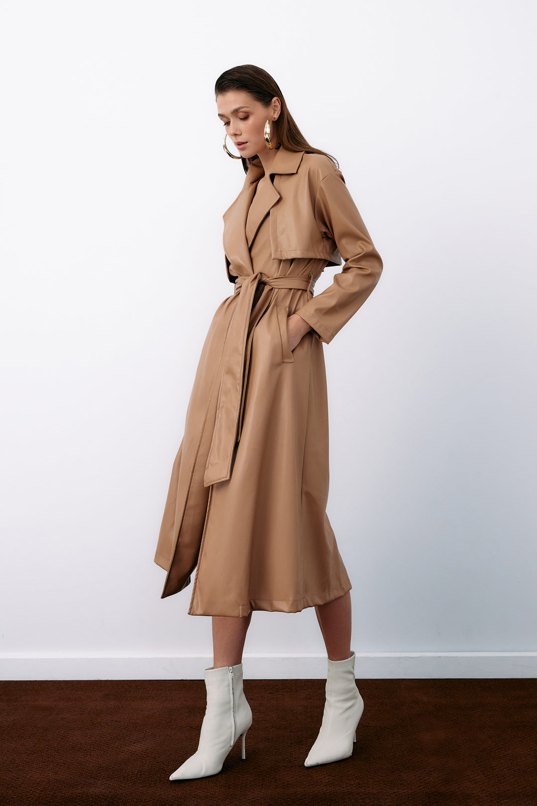 Sateen Trench en cuir long ceinturé - Beige