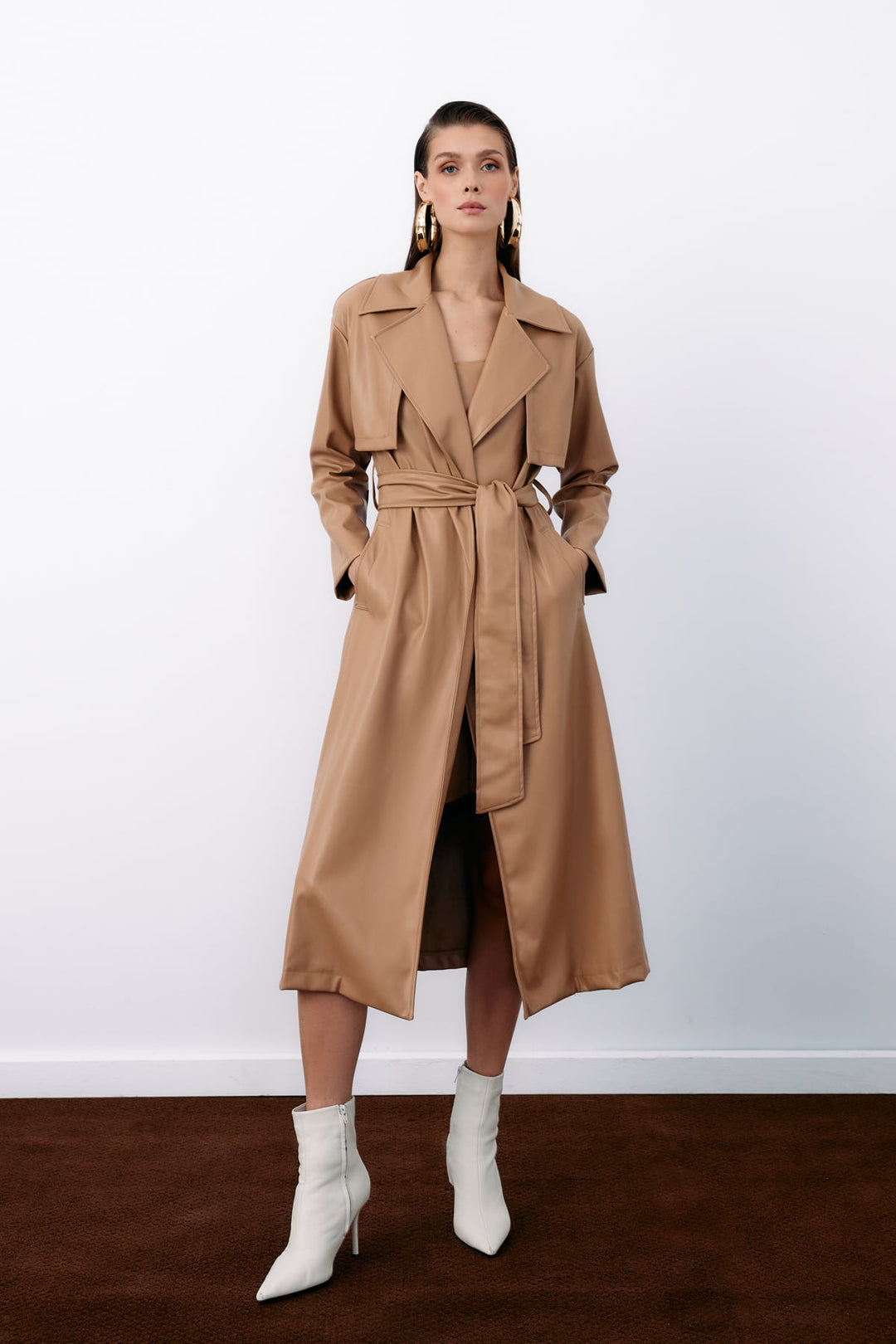Sateen Trench en cuir long ceinturé - Beige