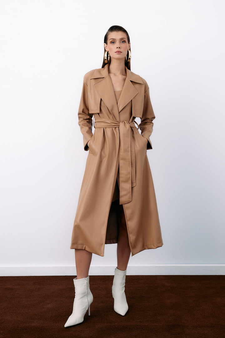 Sateen Trench en cuir long ceinturé - Beige