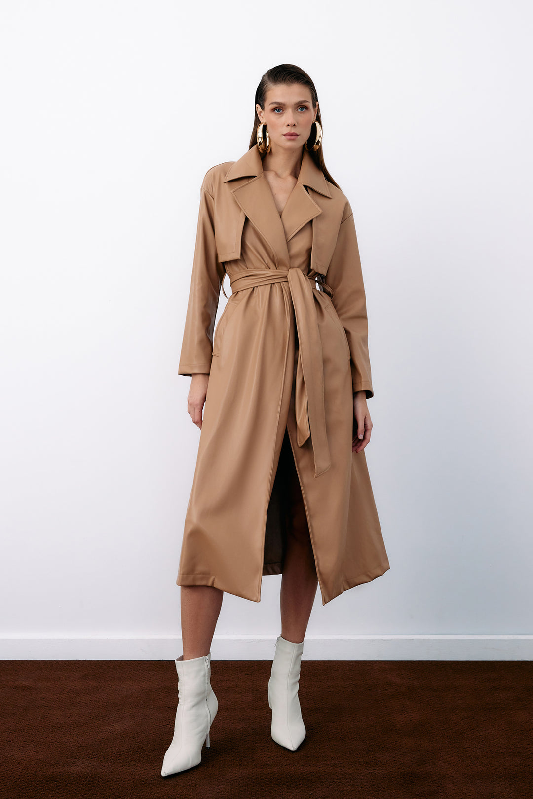 Sateen Trench en cuir long ceinturé - Beige