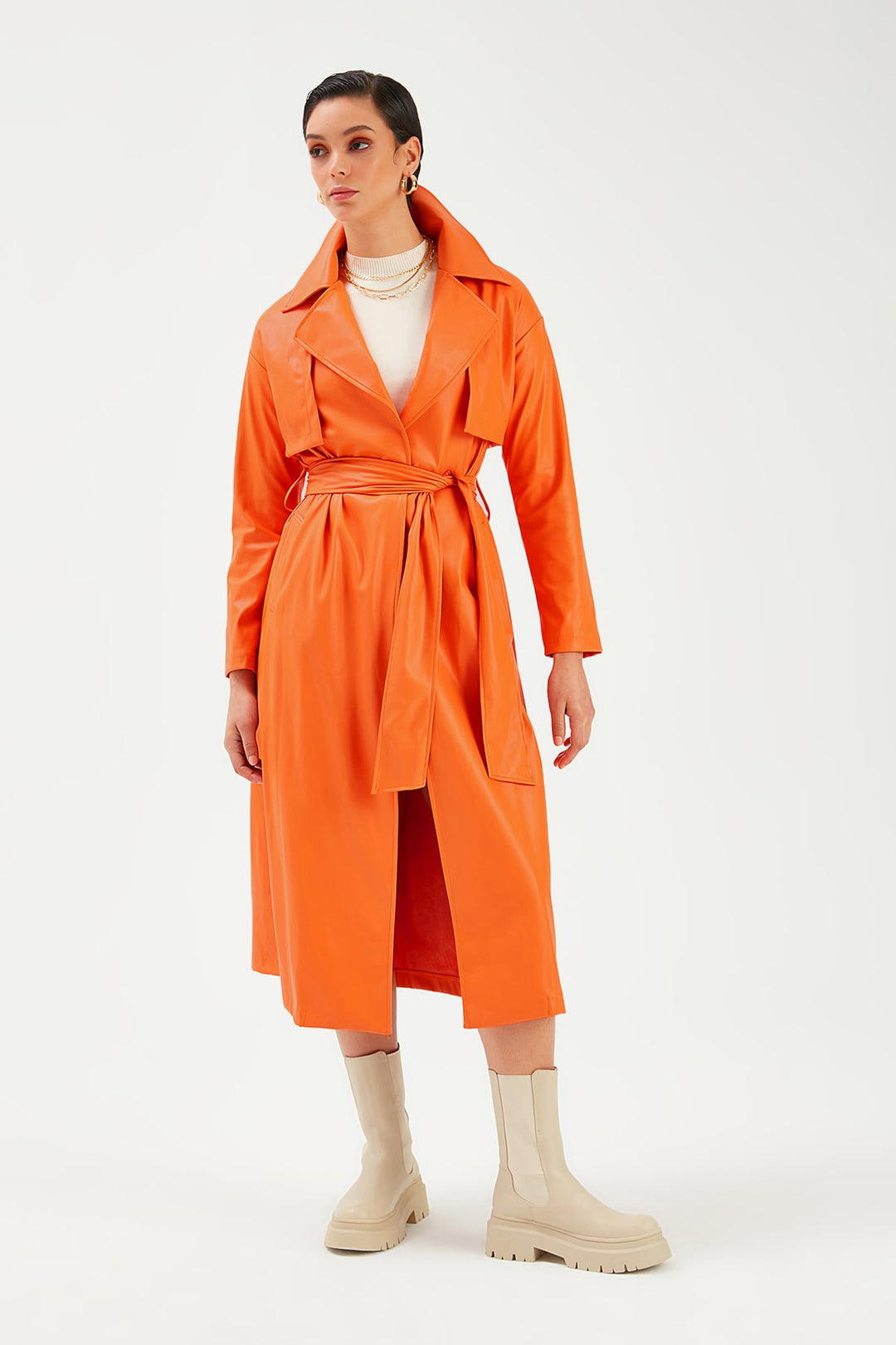Sateen Trench en cuir long ceinturé - oranj