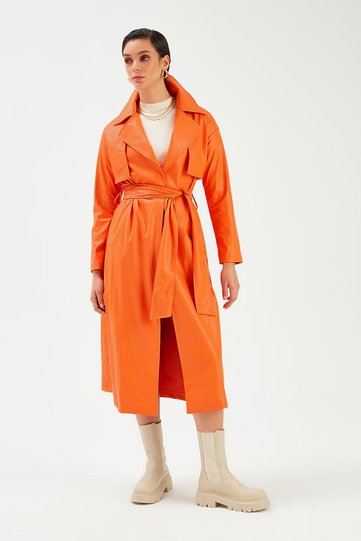 Sateen Trench en cuir long ceinturé - oranj