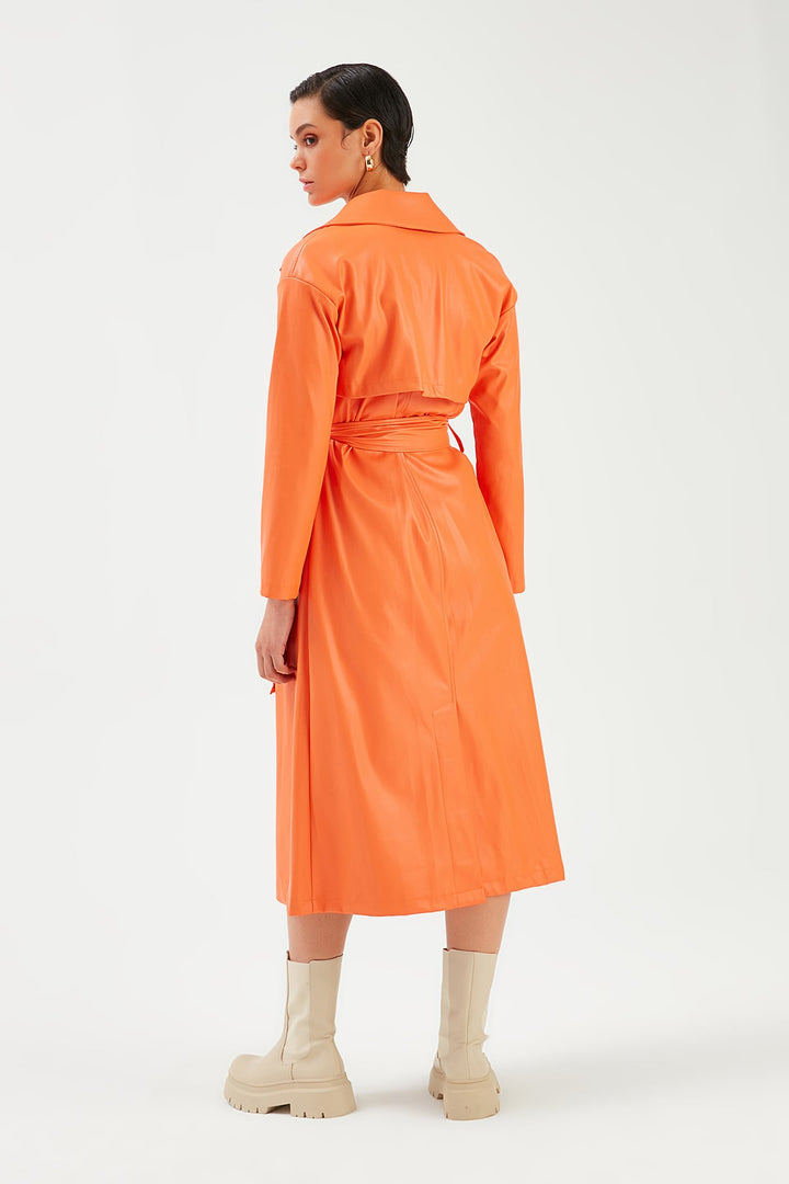Sateen Trench en cuir long ceinturé - oranj