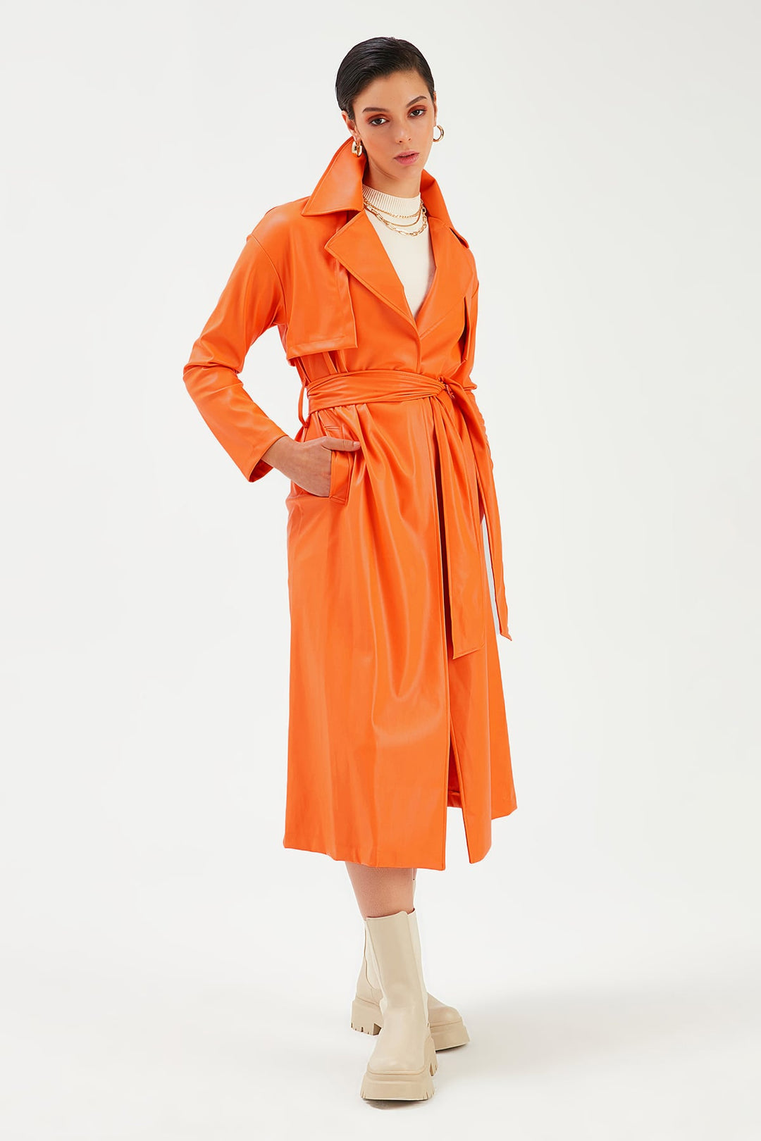 Sateen Trench en cuir long ceinturé - oranj