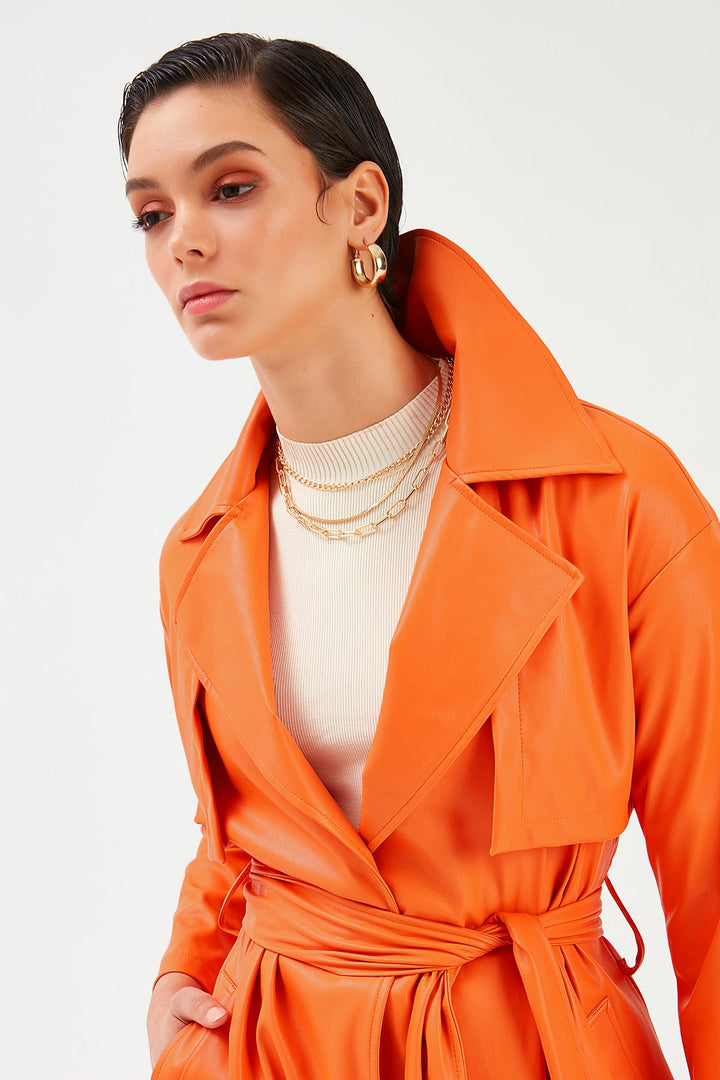Sateen Trench en cuir long ceinturé - oranj